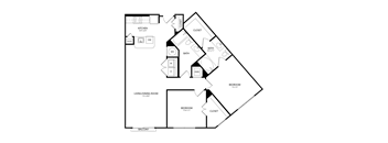 A floor plan of a house with a kitchen, living room, two bedrooms, and a bathroom.