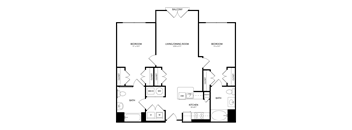 A floor plan of a house with a balcony, two bedrooms, a living/dining room, a kitchen, two bathrooms, a mech, and a workshop.