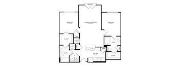 A floor plan of a house with a balcony, two bedrooms, a living/dining room, a kitchen, a bath, a pantry, and two closets.