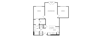 A floor plan of a house with labeled rooms such as Bath, Kitchen, Bedroom, Living/Dining Room, Closet, and Balcony.
