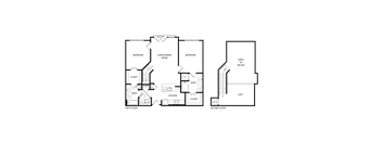 A floor plan of a two-story house with two bedrooms, a living/dining room, a kitchen, a bathroom, a closet, a first-floor bathroom, a second-floor bathroom, a loft,