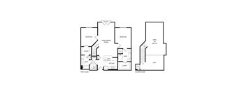 A floor plan of a two-story house with a balcony, two bedrooms, a living/dining room, a kitchen, a bath, a closet, and a loft.