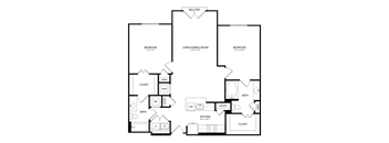 A black and white image of a house floor plan with three bedrooms, a living/dining room, a kitchen, a pantry, two bathrooms, and a balcony.