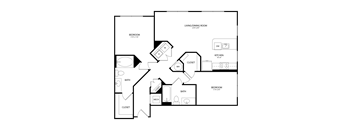 A black and white image of a house floor plan with a living/dining room, kitchen, two bedrooms, two bathrooms, and closets.