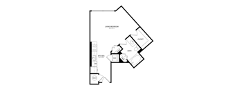 A floor plan of a home with a living/bedroom, kitchen, bath, and closet.