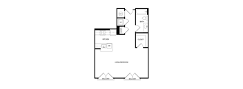 A floor plan of a house with a living room, kitchen, bathroom, and closet.