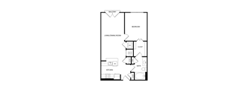 A floor plan of a house with a balcony, bedroom, living/dining room, kitchen, and bathroom.
