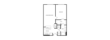 A floor plan of a house with a bedroom, living/dining room, kitchen, bathroom, and closet.