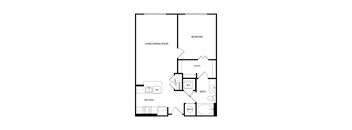 A floor plan of a house with a living/dining room, kitchen, bathroom, and bedroom.