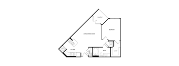 A floor plan of a house with a balcony, kitchen, bathroom, and closet.