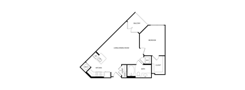 A black and white image of a house floor plan with a balcony, living/dining room, kitchen, bath, closet, and pantry.