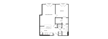 A floor plan of a house with two balconies, a living/dining room, a bedroom, a kitchen, a pantry, a closet, a laundry area, a bathroom, and a mech.