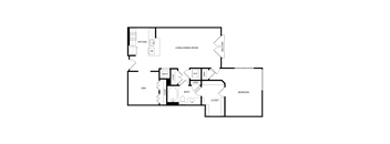 A floor plan of a house with a living room, dining room, kitchen, and bedroom.