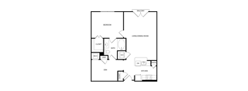 A floor plan of a house with a balcony, bedroom, living/dining room, kitchen, pantry, bathroom, and closet.