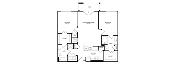 A black and white image of a house floor plan with a patio, three bedrooms, a living/dining room, a kitchen, a pantry, two bathrooms, and several closets.
