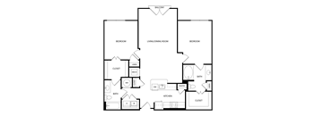 A black and white image of a house floor plan with a balcony, living/dining room, kitchen, two bedrooms, two bathrooms, and a pantry.