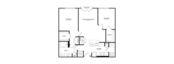 A black and white image of a house floor plan with a balcony, two bedrooms, a living/dining room, a kitchen, a pantry, a linen closet, a bath, and a mech closet.