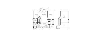 A floor plan of a two-story house with a balcony, two bedrooms, a living/dining room, a kitchen, two bathrooms, and a loft.