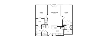 A black and white image of a house floor plan with a balcony, three bedrooms, a living/dining room, a kitchen, a pantry, two bathrooms, and two closets.