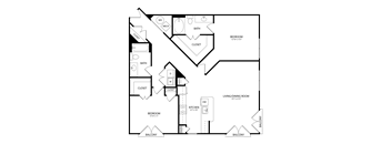 A floor plan of a house with two bedrooms, a living/dining room, and a kitchen.