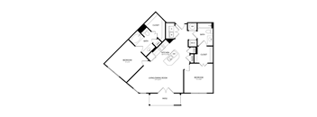 A black and white image of a house floor plan with a living/dining room, kitchen, two bedrooms, a bathroom, and a patio.