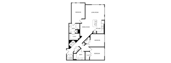 A floor plan of a house with labeled rooms and spaces.