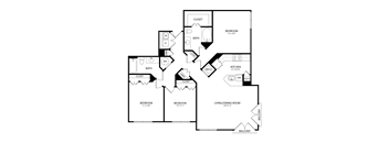 A floor plan of a house with two bedrooms, a living room, a kitchen, and a bathroom.