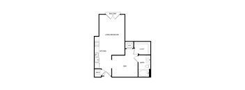 A floor plan of a home showing a living room, kitchen, bathroom, and den.
