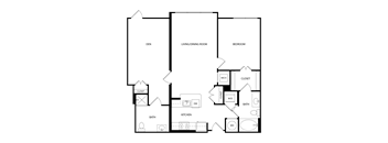 A floor plan of a house with labeled rooms such as a kitchen, living room, and bathroom.