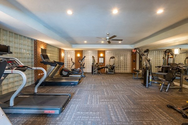 a gym with treadmills and other exercise equipment