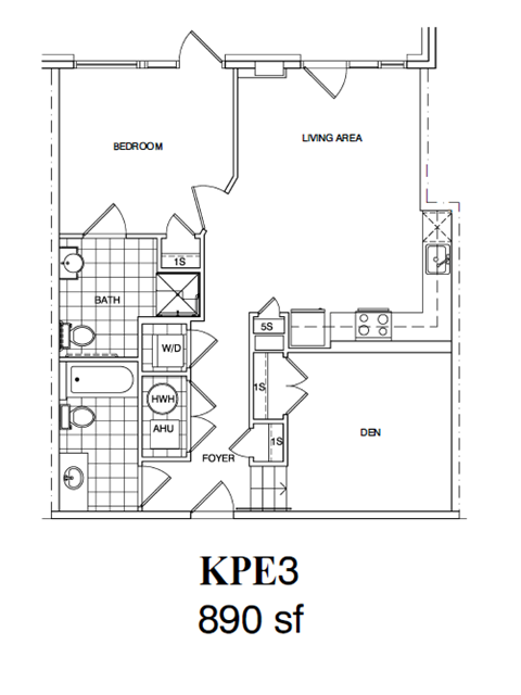 A floor plan of a 890 square foot home with a living area, den, and bath.