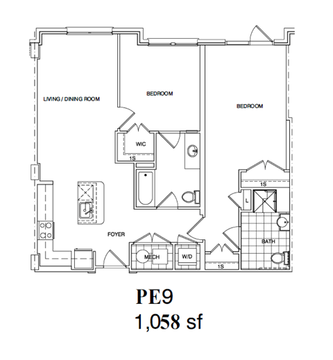 A floor plan of a 1,058 square foot home with three bedrooms, a living/dining room, a foyer, a bathroom, a kitchen, and a laundry room.