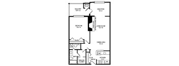A floor plan of a house with a den, two bedrooms, a living room, a dining area, a kitchen, and a bathroom.