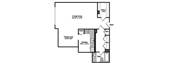 A floor plan of a small apartment with a living room, dining area, kitchen, and bathroom.