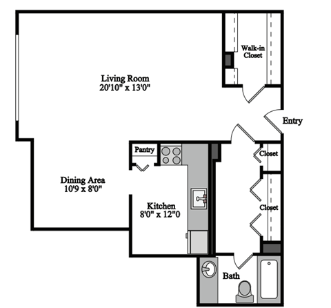 A floor plan of a small apartment with a living room, dining area, kitchen, and bathroom.