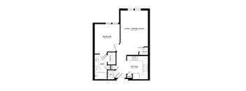 A floor plan of a house with a bedroom, bathroom, kitchen, pantry, and living/dining room.