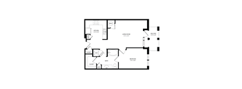 A floor plan of a home with a kitchen, living room, bedroom, bathroom, and pantry.