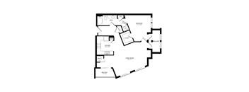 A black and white floor plan of a house with a living room, kitchen, bathroom, and bedroom.