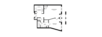 A black and white floor plan of a small apartment with a kitchen, living room, bedroom, and bathroom.