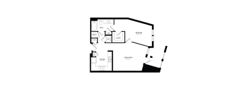 A black and white floor plan of a home with a living room, kitchen, and two bedrooms.