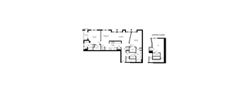 A floor plan of a house with an upper floor and a kitchen.