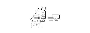 A floor plan of a two-story house with a balcony, upper floor, and closets.
