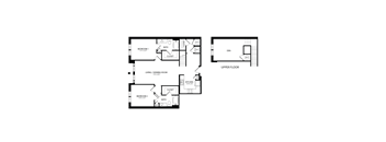 A floor plan of a two bedroom apartment with an upper floor den.