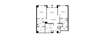 A black and white image of a floor plan for a house with three bedrooms, a living room, a dining room, a kitchen, two bathrooms, and a laundry area.
