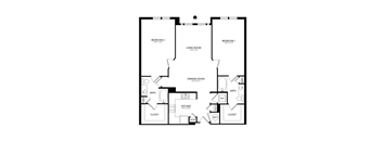A black and white image of a floor plan for a house with two bedrooms, a living room, a dining room, a kitchen, two bathrooms, a pantry, and two closets.