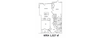 A floor plan of a small apartment with a living area, kitchen, bathrooms, and a foyer.