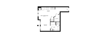 A floor plan of a house with a kitchen, living room, dining room, bedroom, bathroom, and closet.