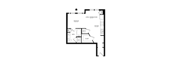 A black and white image of a floor plan for a small apartment.