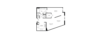 A black and white image of a floor plan for a small apartment.