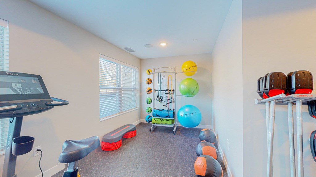 A room with a treadmill, exercise balls, and resistance bands.